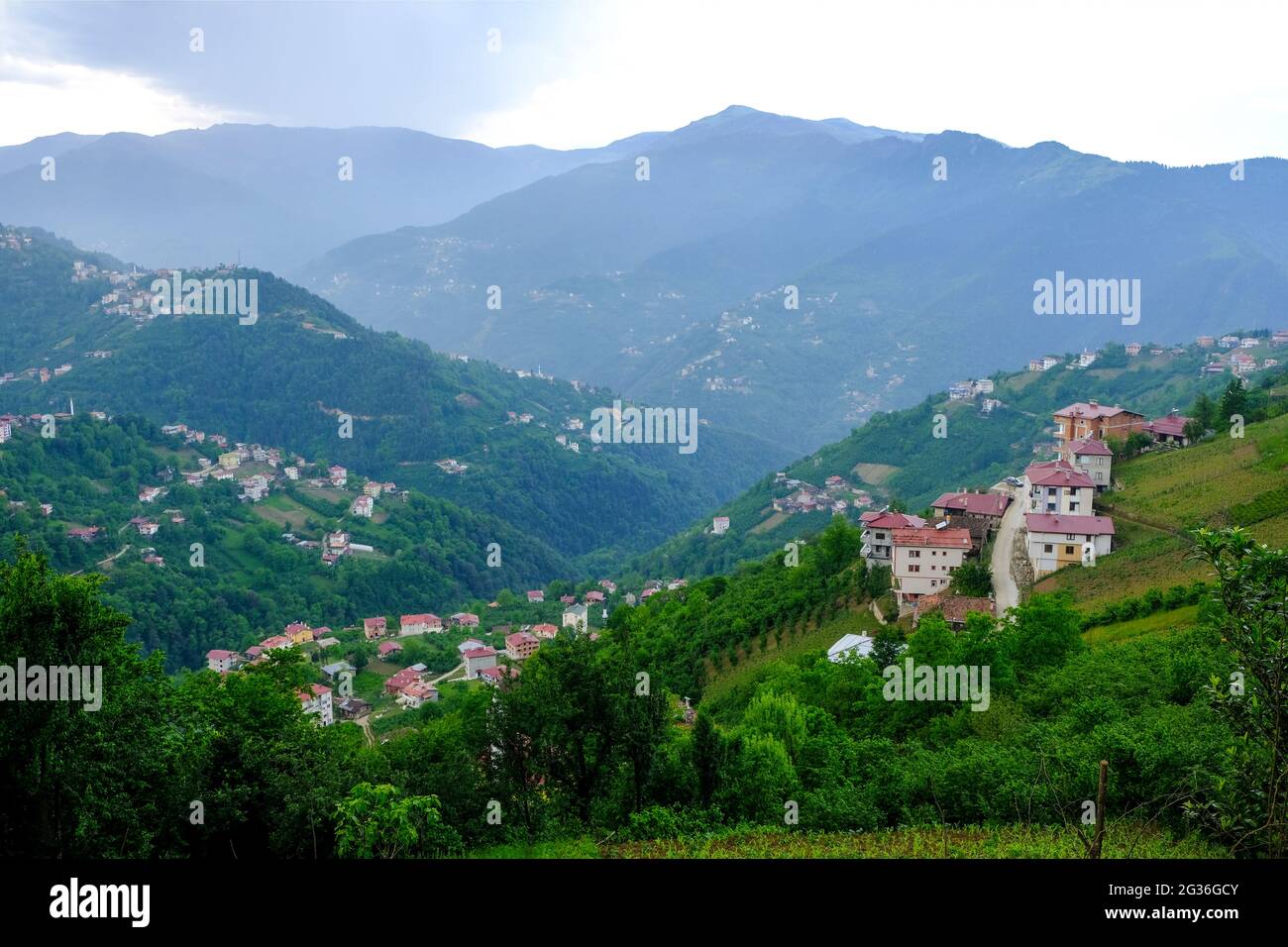 The villages in Çaykara district of Trabzon, which has sloping and mountainous lands, were established on these slopes. Stock Photo