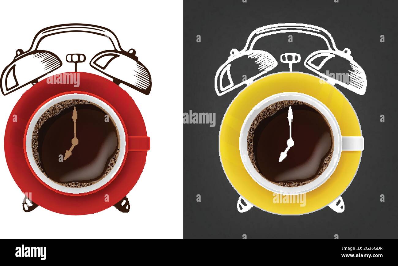 Stylized coffee cup alarm clock in two version. Vector illustration. Stock Vector