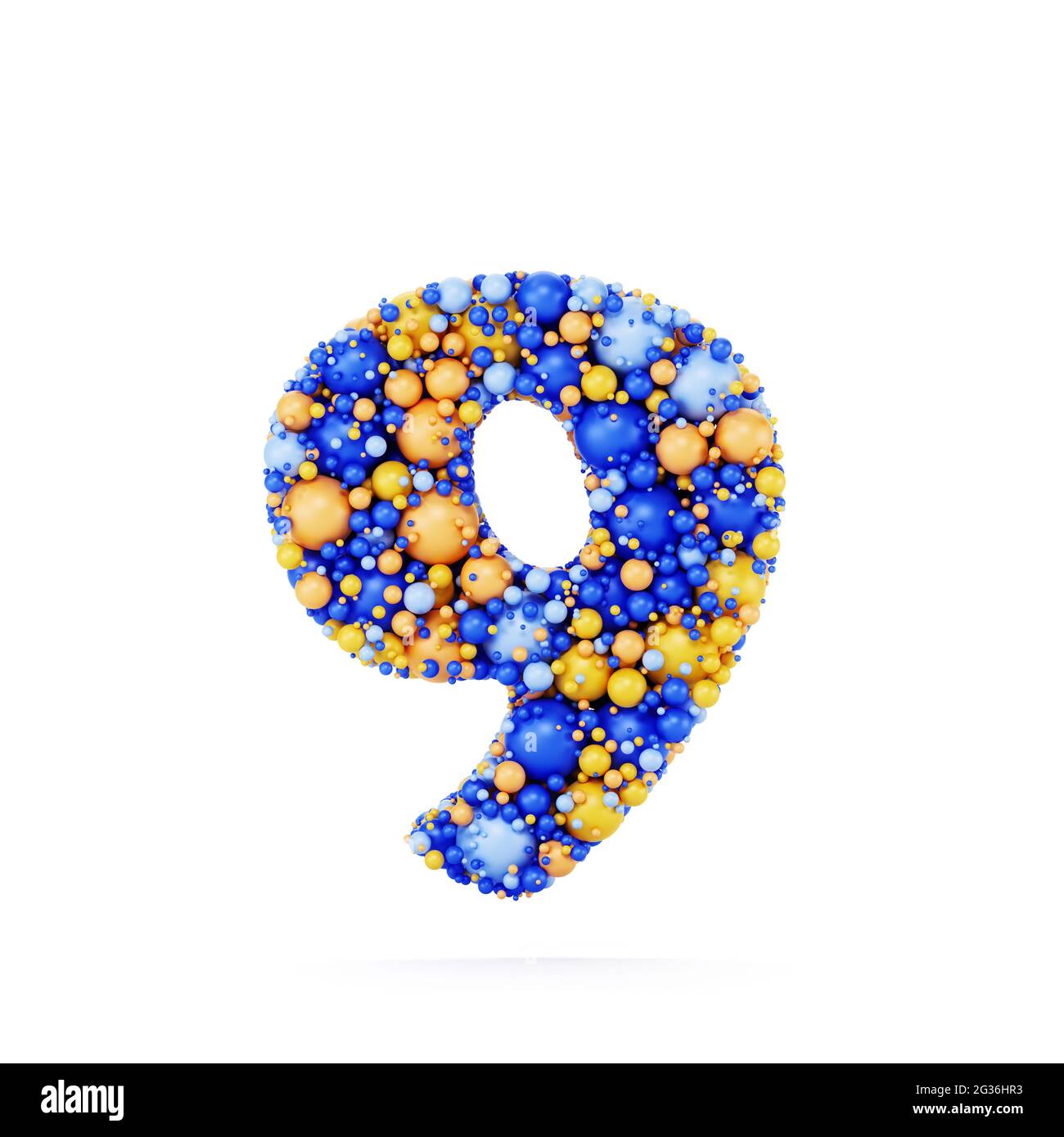 9 nine number digit with colored shiny balls. Realistic 3d rendering illustration. Isolated on white background with shadow cast Stock Photo