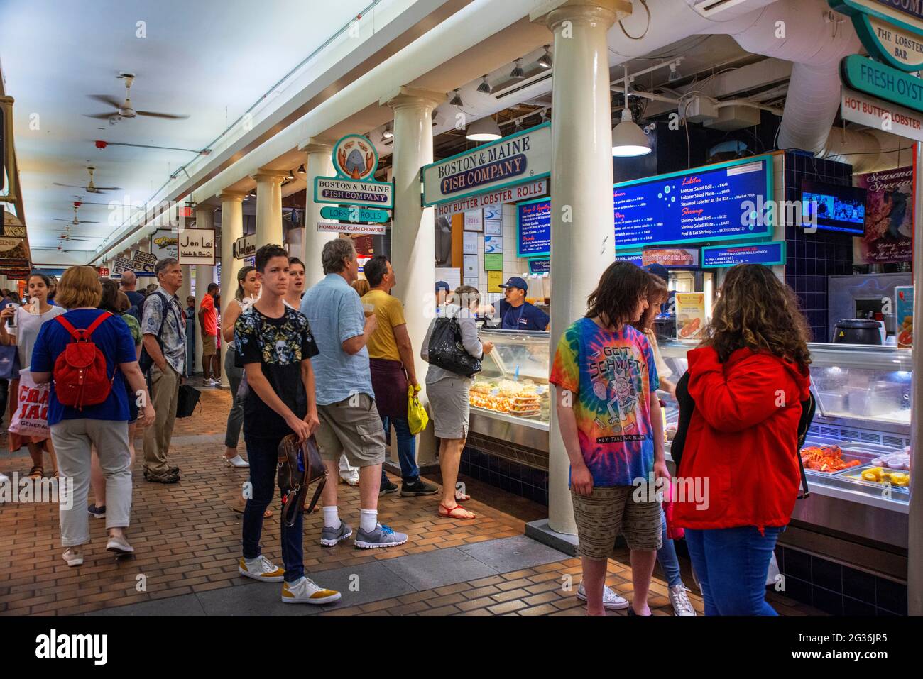 Restaurants stalls inside Quincy Market Freedom Trail Boston Massachusetts. Built in early 1800s as one of the largest market complexes in first half Stock Photo