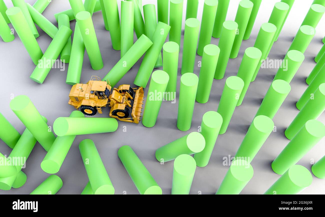 bulldozer opens the way by knocking down green cylinders. 3d render. Stock Photo