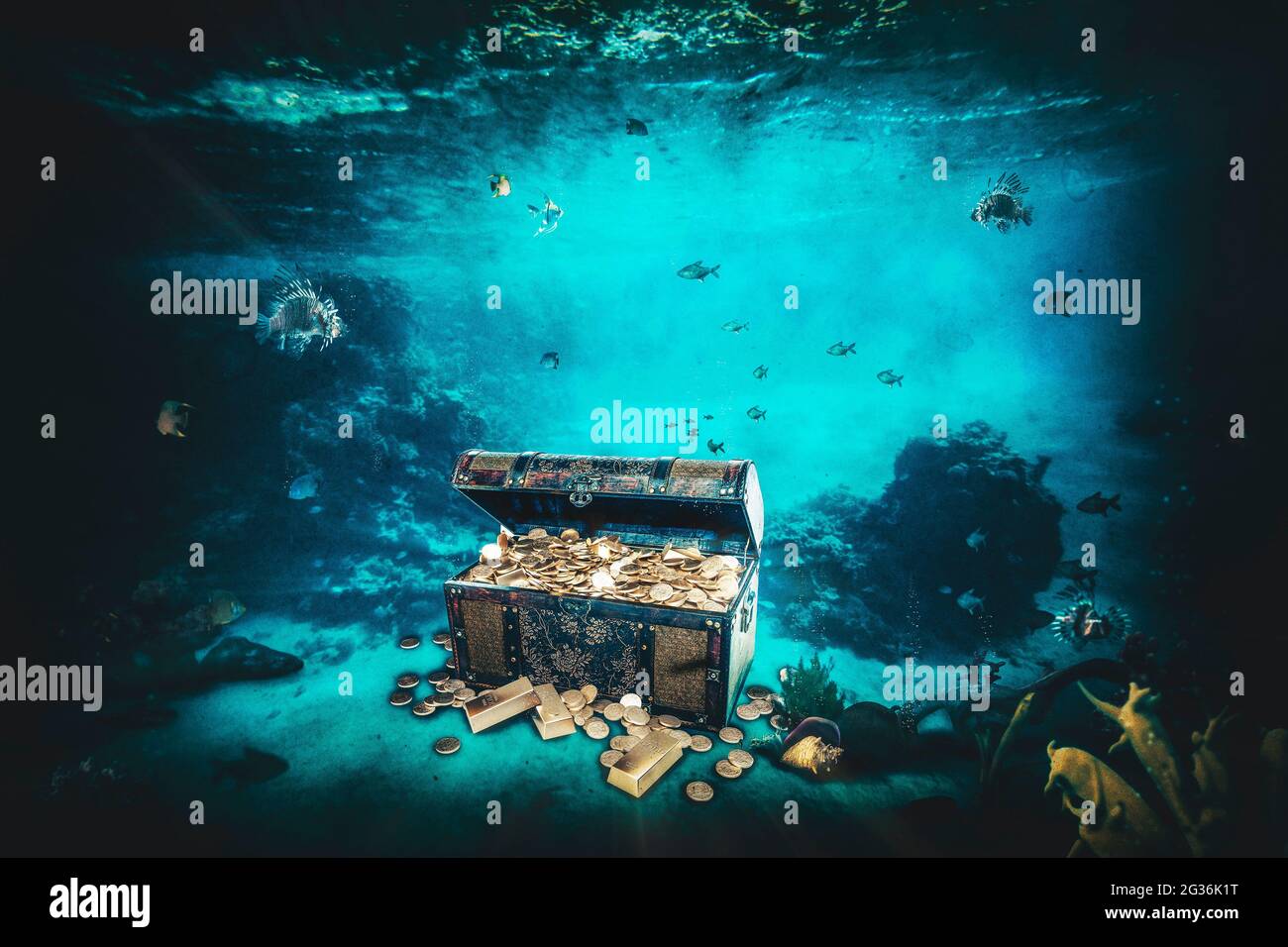 casket containing gold bars and coins at the bottom of the sea. 3d render. Stock Photo