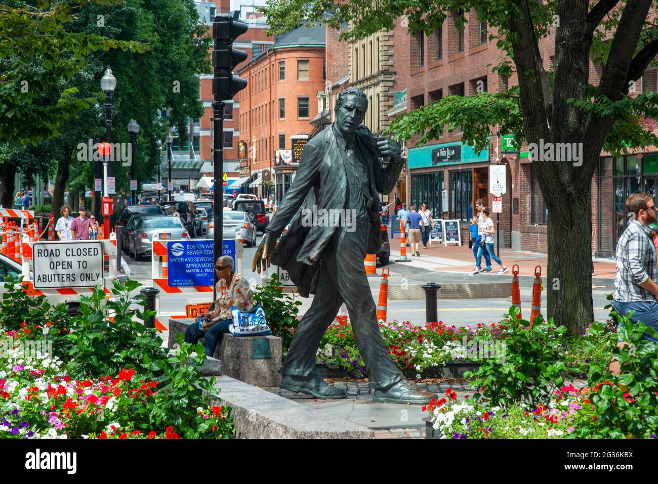 The walking statue in front of Quincy Market on the Freedom Trail, Boston, Massachusetts. It pays tribute to mayor Kevin Hagan White who was the longe Stock Photo