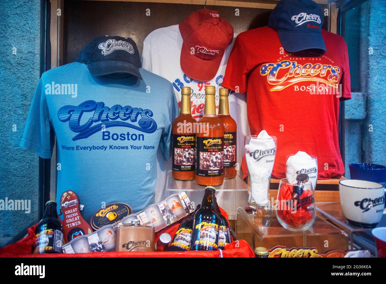 T-shirts, beers, caps, and merchandise in Cheers restaurant Quincy Market Freedom Trail Boston Massachusetts USA.  Cheers is an American sitcom televi Stock Photo
