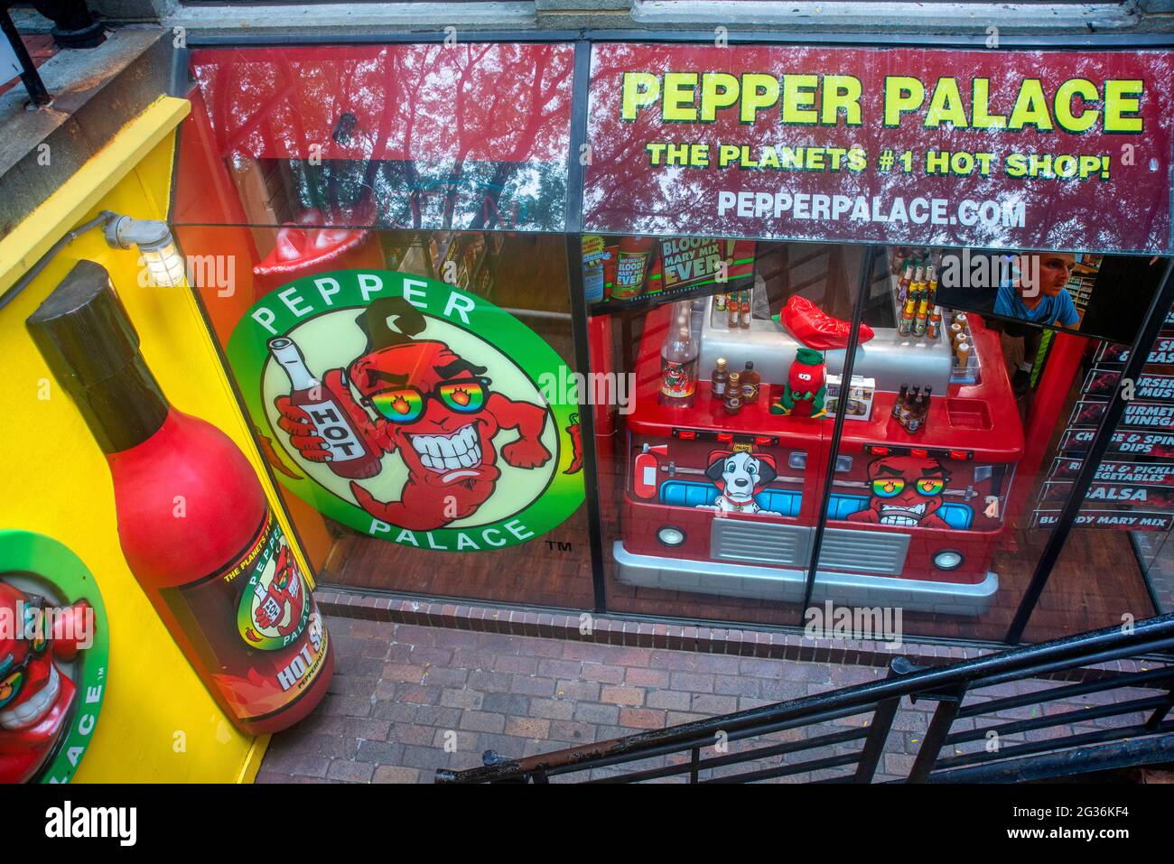 Pepper Palace hot sauce shop in South Market Annex to Quincy Market and Faneuil Hall in Freedom Trail Boston Massachusetts. Built in early 1800s as on Stock Photo