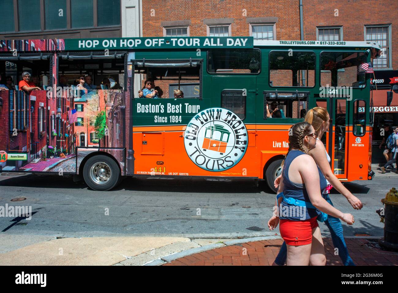 Old Town Trolley hop on hop off sightseeing tour bus in the historic old town, Boston, Massachusetts, USA Stock Photo