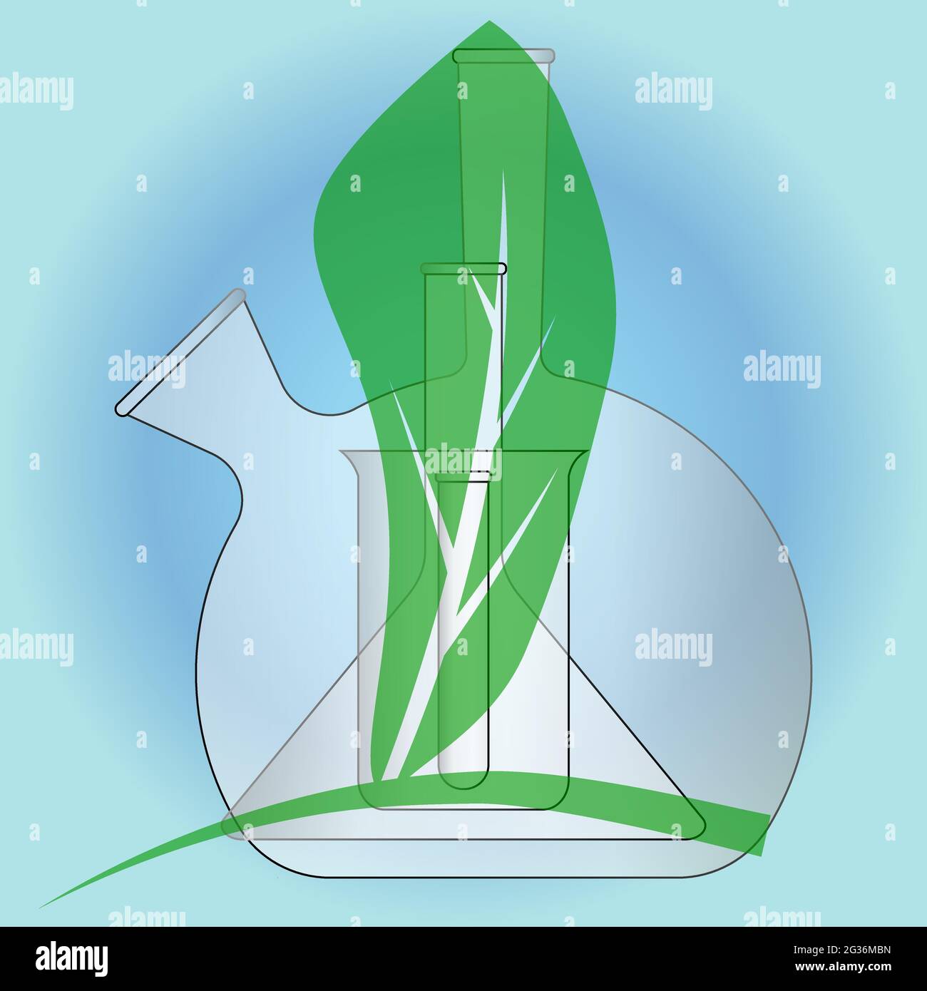 The concept of studying ecology in laboratory chemical flasks. Biotechnological scientific background. Green leaf symbol. Stock Vector