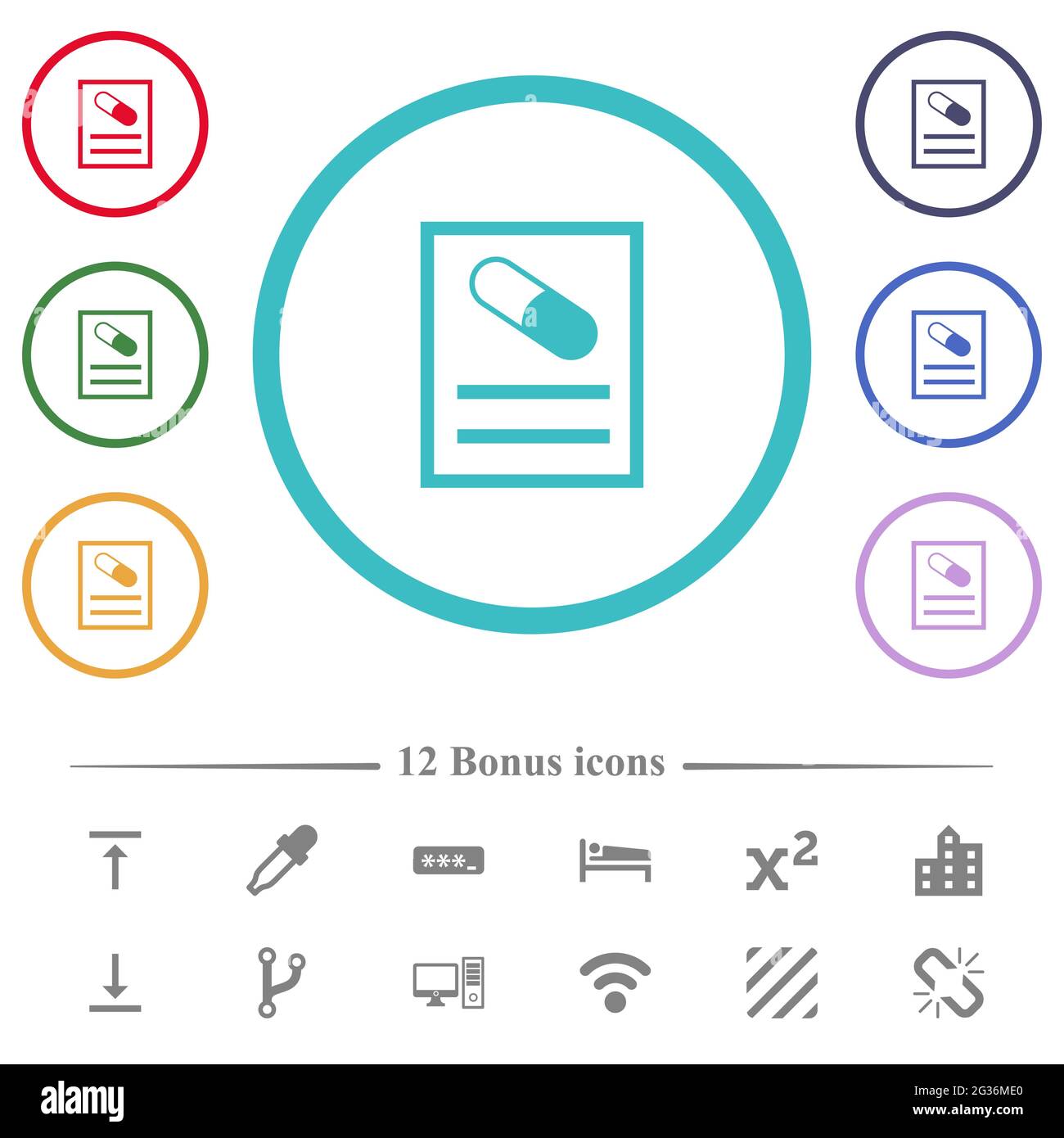 Medical prescription flat color icons in circle shape outlines. 12 bonus icons included. Stock Vector