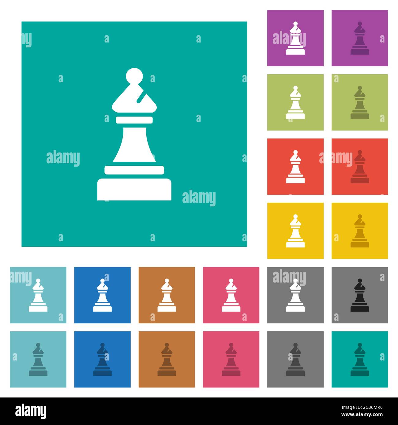 Black chess bishop multi colored flat icons on plain square backgrounds. Included white and darker icon variations for hover or active effects. Stock Vector
