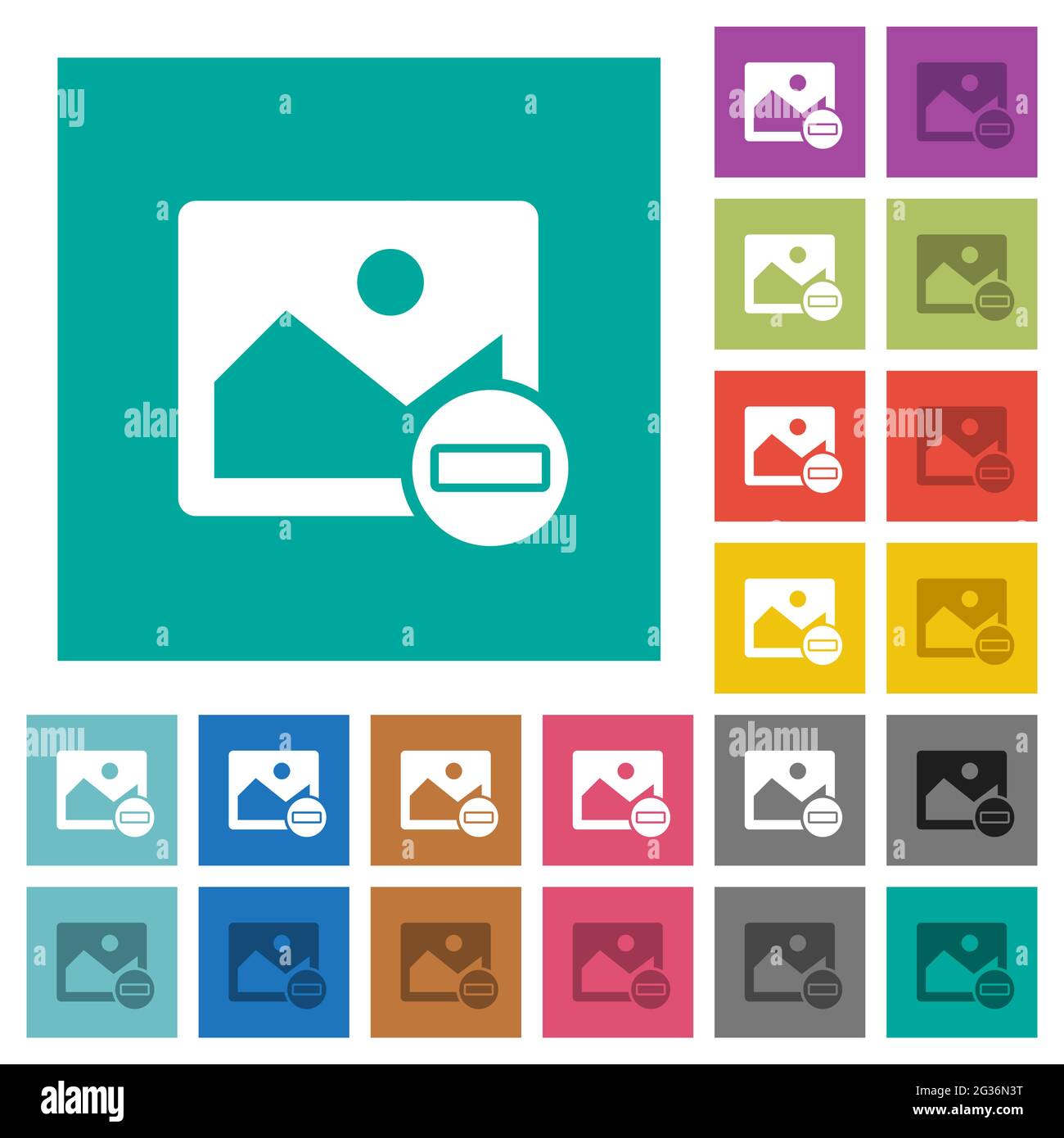 Remove image multi colored flat icons on plain square backgrounds. Included white and darker icon variations for hover or active effects. Stock Vector