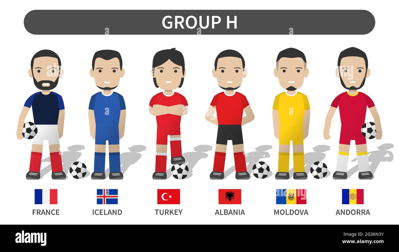 European soccer cup tournament qualifying draws 2020 and 2021 . Group H . Football player with jersey kit uniform and national flag . Cartoon characte Stock Vector