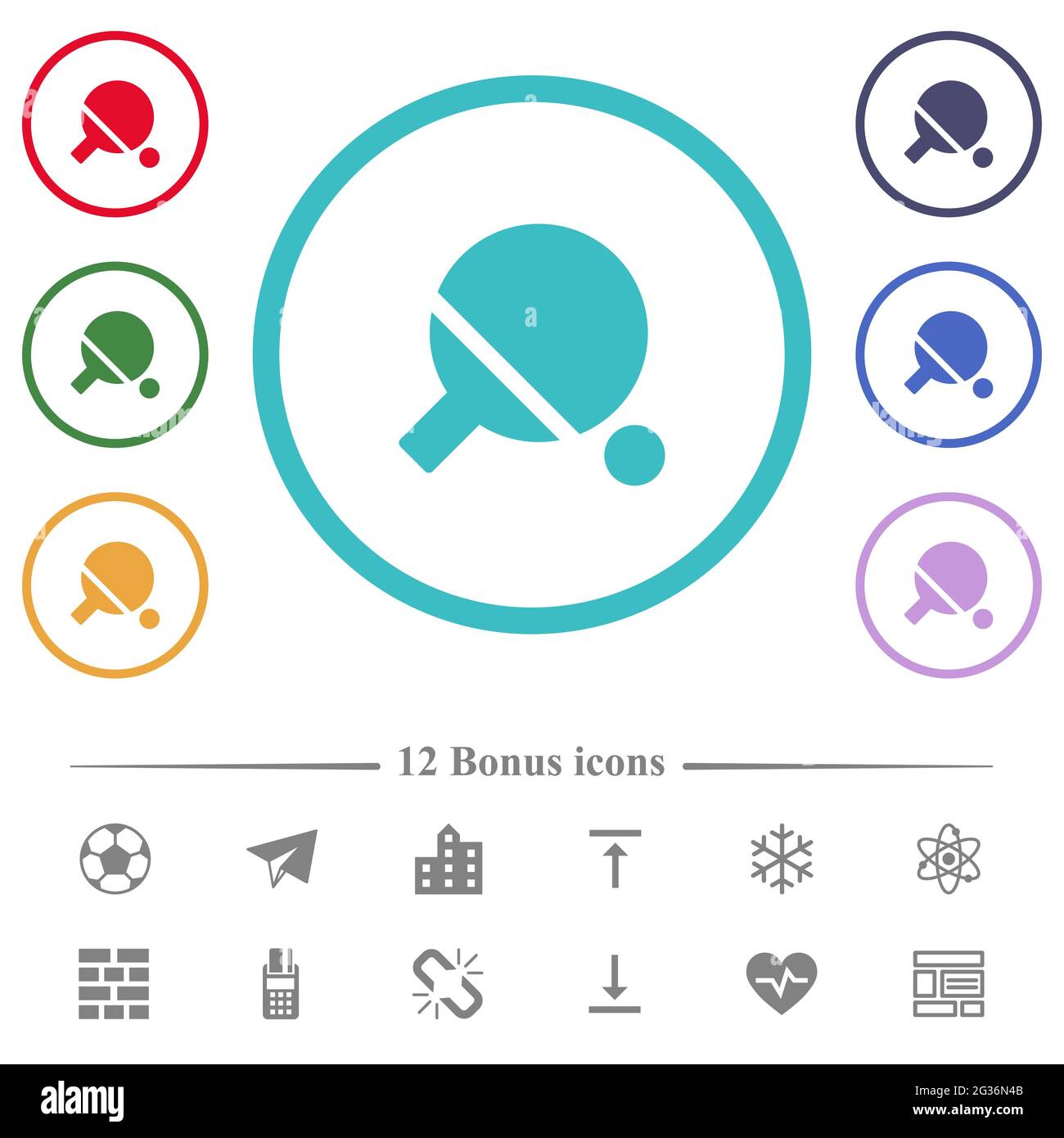 Table tennis flat color icons in circle shape outlines. 12 bonus icons ...