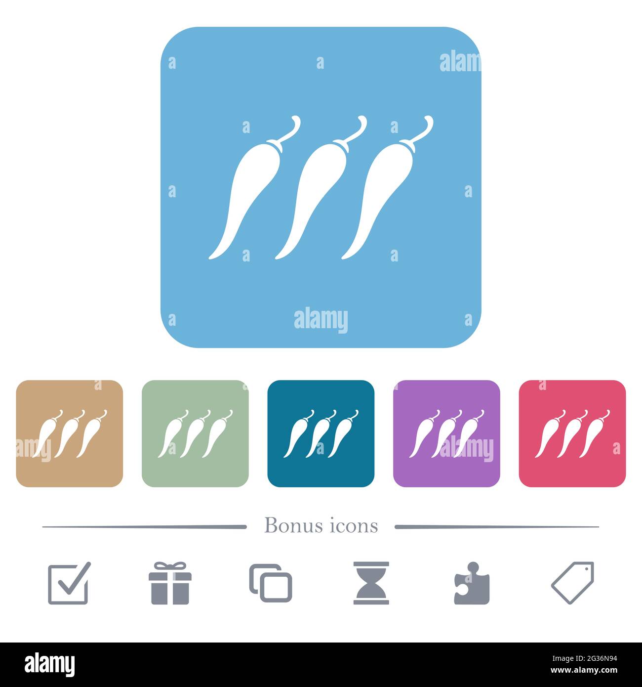 Hot chili pepper level white flat icons on color rounded square ...