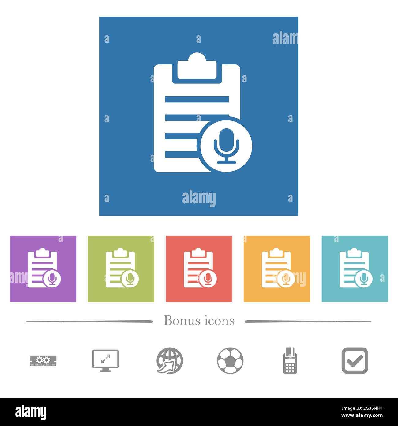 Voice note flat white icons in square backgrounds. 6 bonus icons ...