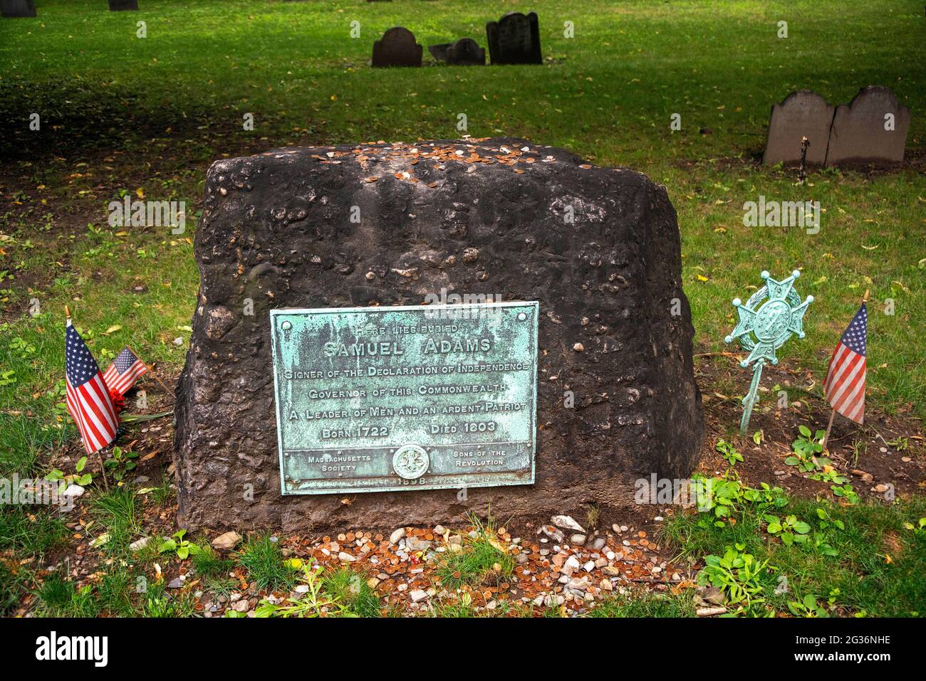 Burial site of Samuel Adams and tombstones in the historic King's Chapel cemetery Burying Ground, Tremont Street, Boston, Massachusetts, United States Stock Photo