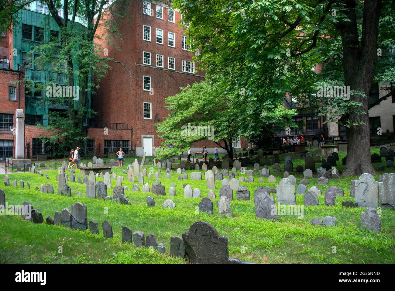 Rows of 18th century tombstones in the historic King's Chapel cemetery Burying Ground, Tremont Street, Boston, Massachusetts, United States. Stock Photo