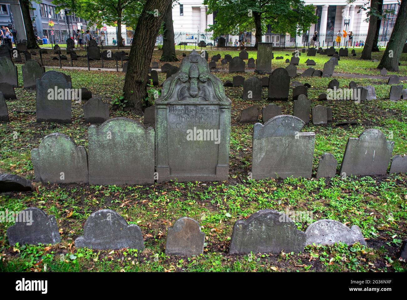 Rows of 18th century tombstones in the historic King's Chapel cemetery Burying Ground, Tremont Street, Boston, Massachusetts, United States. Stock Photo