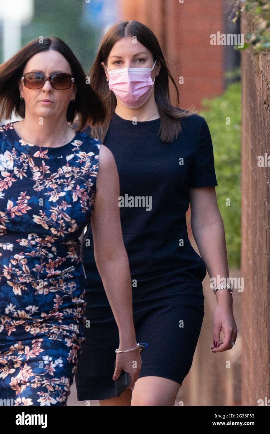 West Mercia Police constable Mary Ellen Bettley-Smith (right) arrives at Birmingham Crown Court where she is accused of assaulting former footballer Dalian Atkinson on the day he died in Telford, Shropshire, on August 15, 2016. Picture date: Monday June 14, 2021. Stock Photo