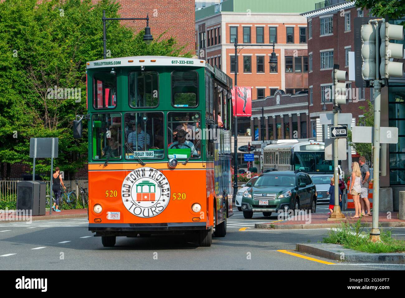 Old Town Trolley hop on hop off sightseeing tour bus in the historic old town, Boston, Massachusetts, USA Stock Photo