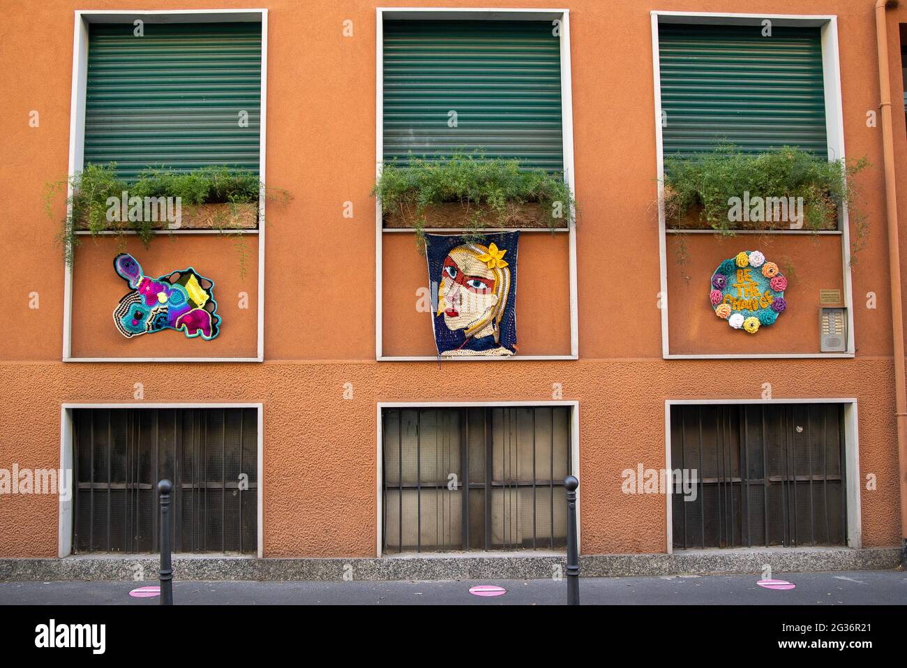 Milan,Italy june 13 2021 Yarn bombing festival in Lambrate district