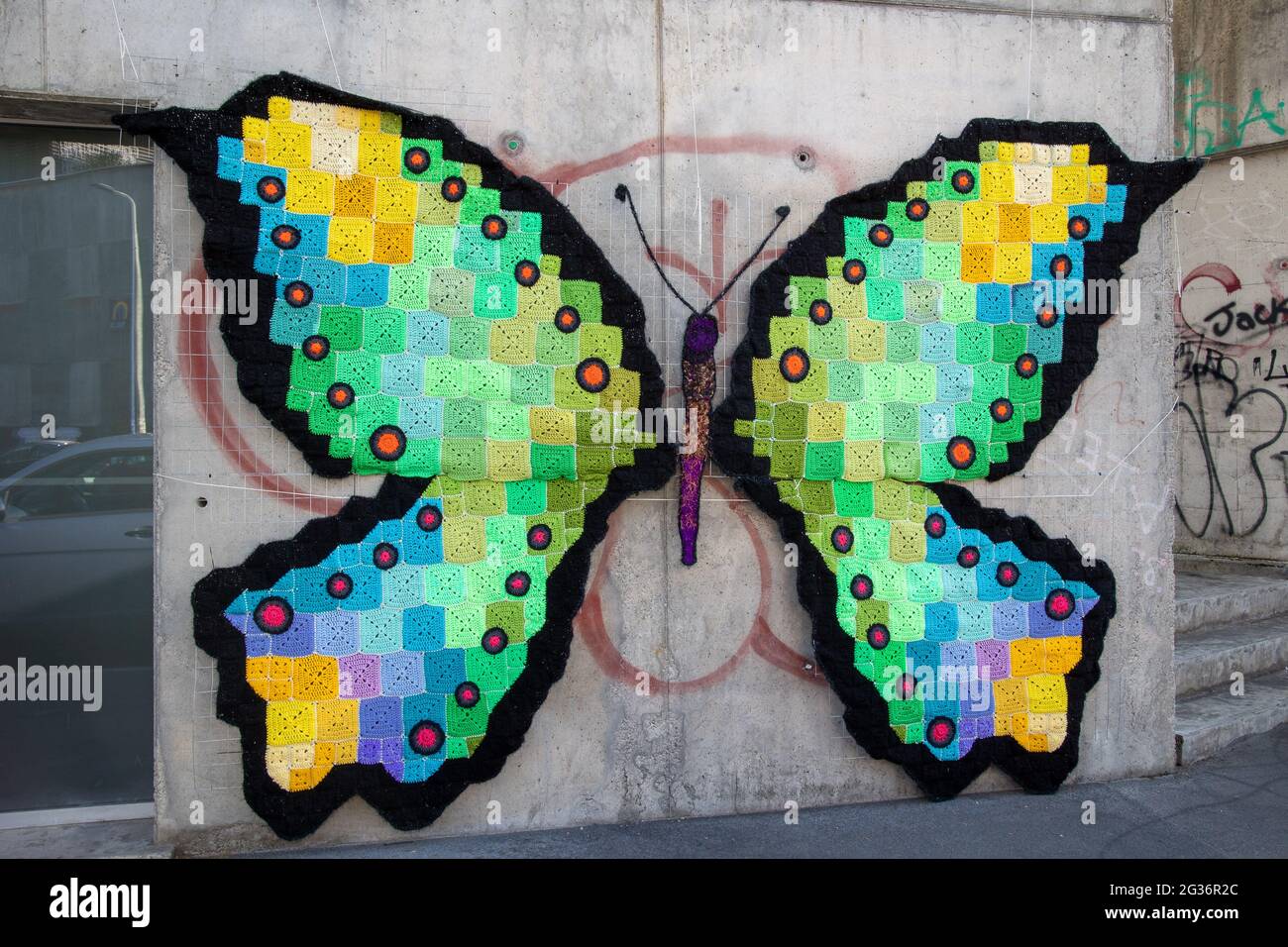 Milan,Italy june 13 2021 Yarn bombing festival in Lambrate district