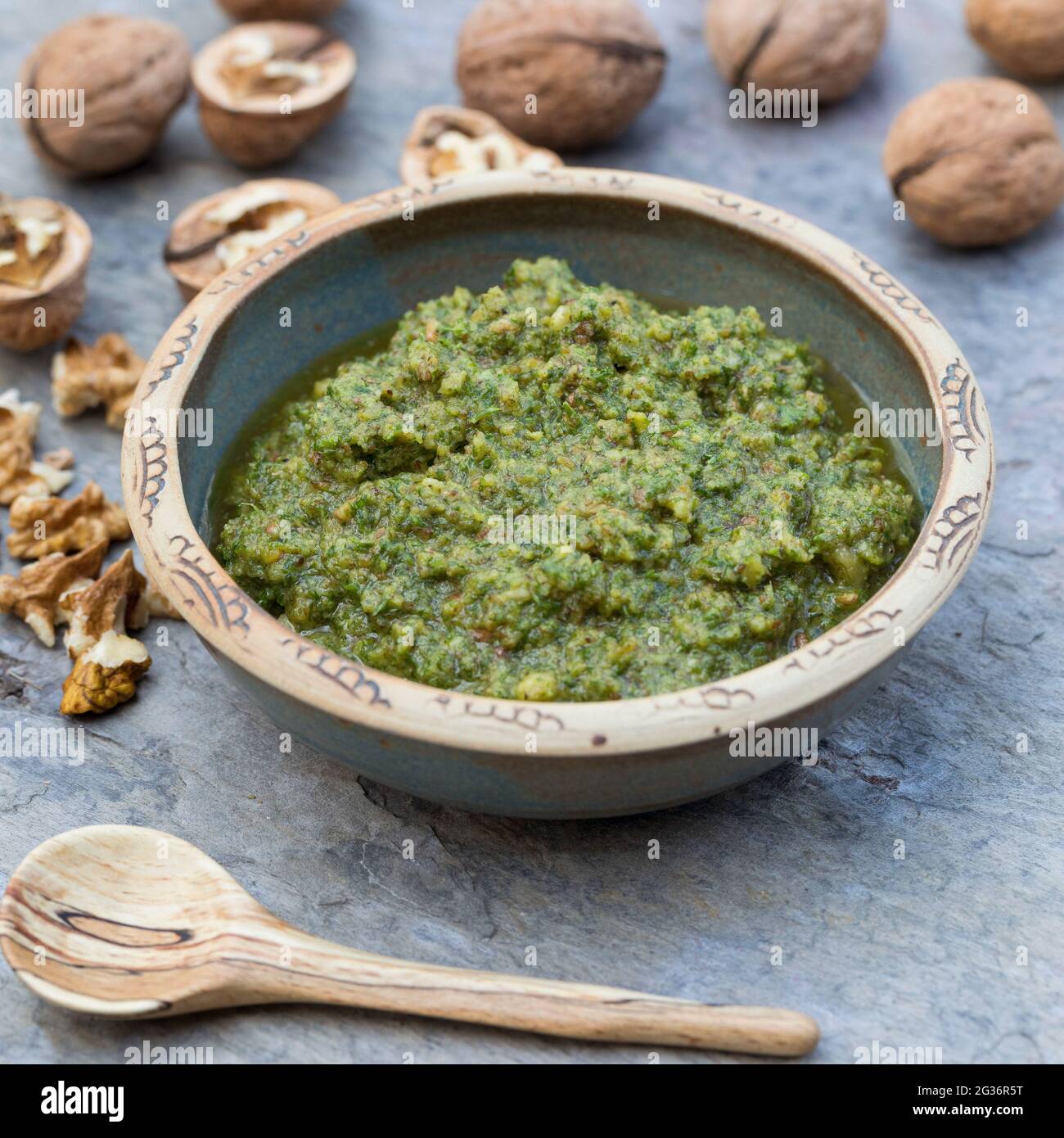 walnut (Juglans regia), home made walnut pesto Stock Photo