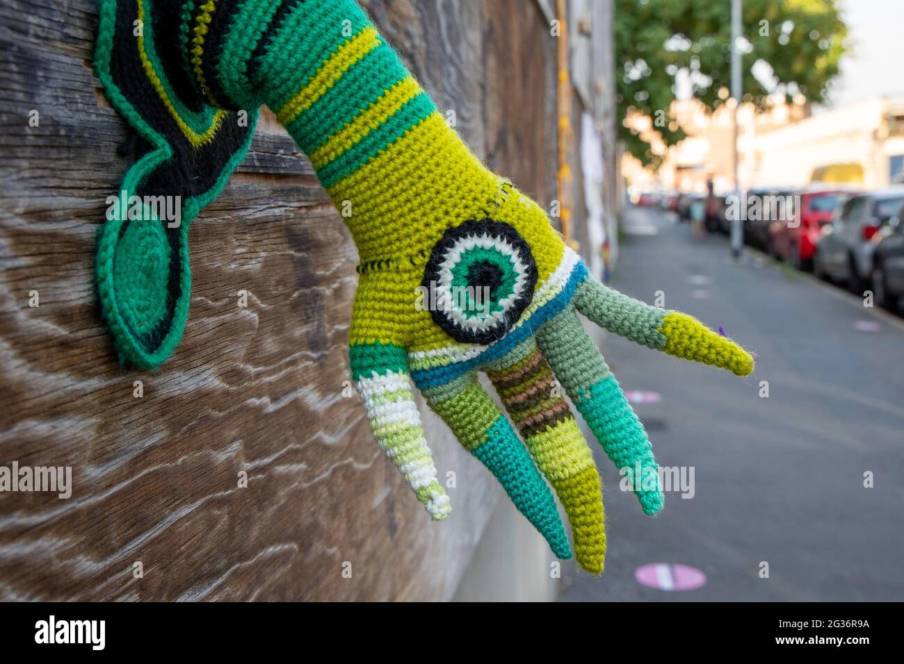 Milan,Italy june 13 2021 Yarn bombing festival in Lambrate district