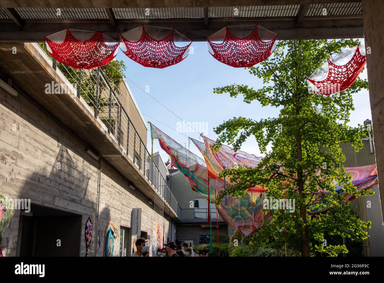 Milan,Italy june 13 2021 Yarn bombing festival in Lambrate district