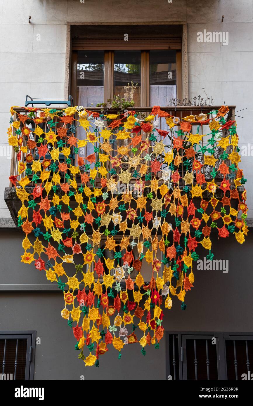 Milan,Italy june 13 2021 Yarn bombing festival in Lambrate district