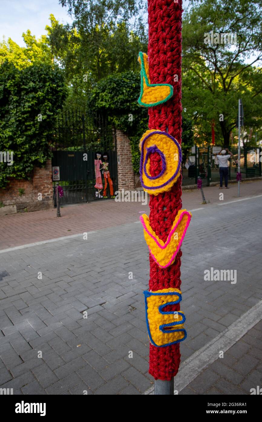 Milan,Italy june 13 2021 Yarn bombing festival in Lambrate district