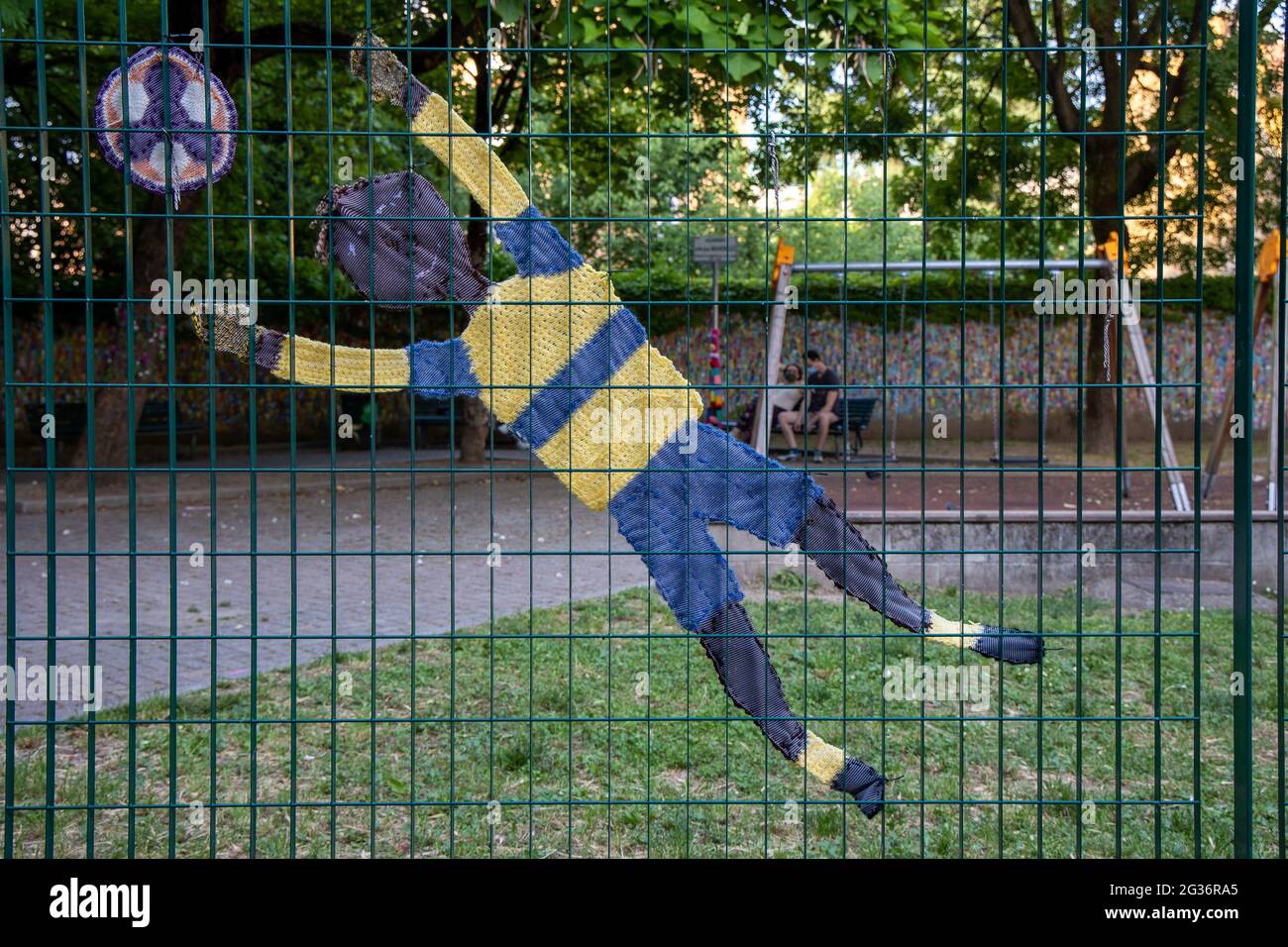 Milan,Italy june 13 2021 Yarn bombing festival in Lambrate district