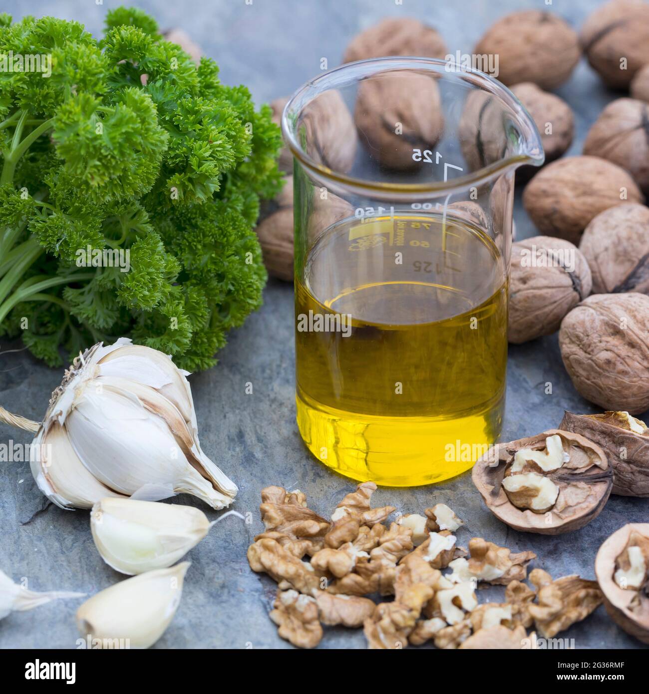 walnut (Juglans regia), ingredients for a walnut pesto Stock Photo