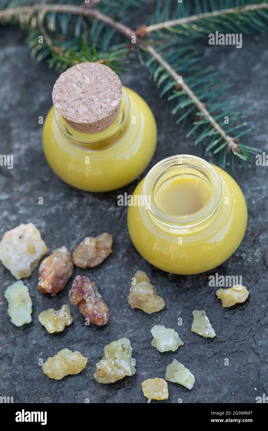 homemade resin ointment in jars Stock Photo