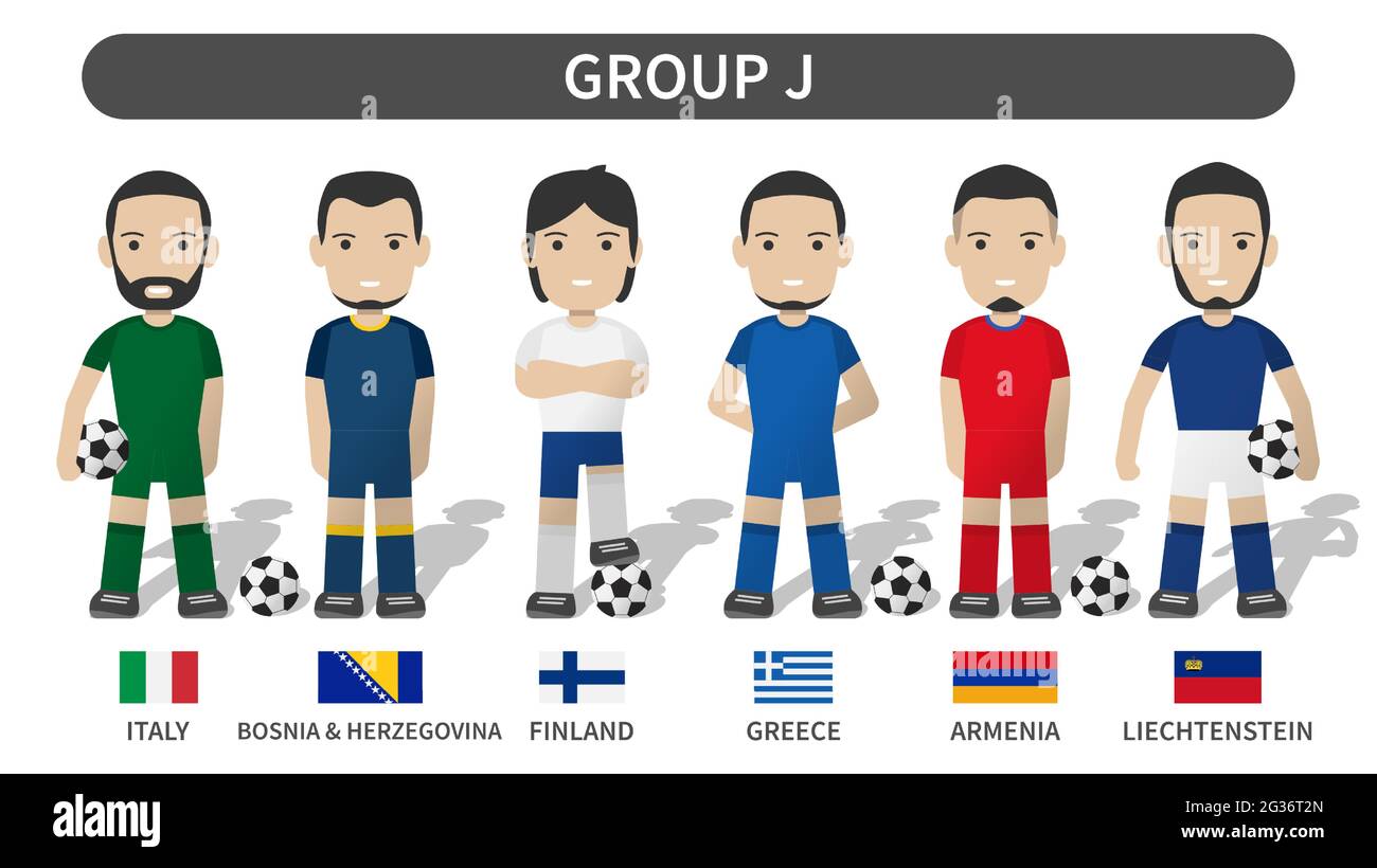 European soccer cup tournament qualifying draws 2020 and 2021 . Group J . Football player with jersey kit uniform and national flag . Cartoon characte Stock Vector