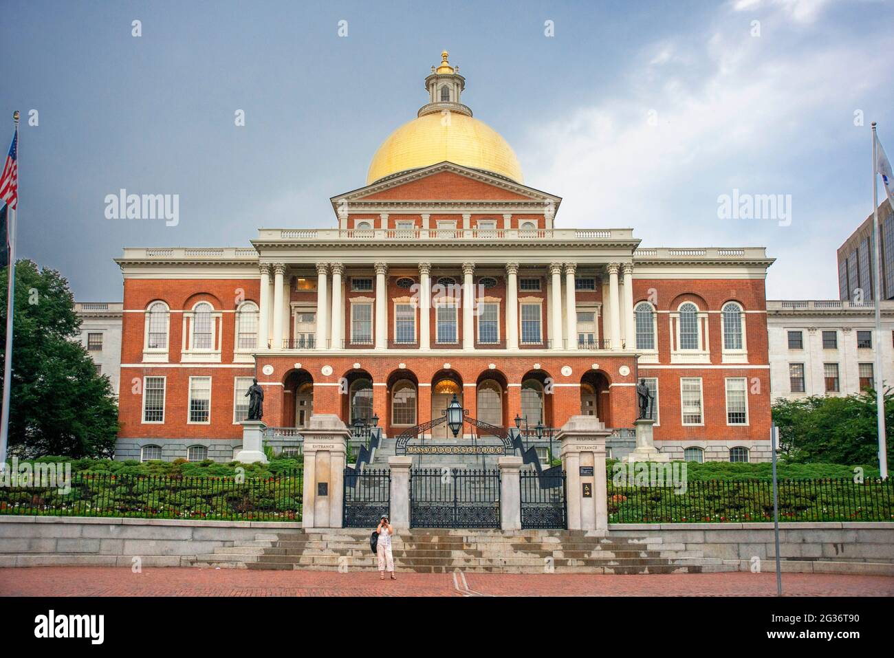 Massachusetts State House the seat of Government, with golden dome and columns in the city of Boston, USA.  The Massachusetts State House, also known Stock Photo