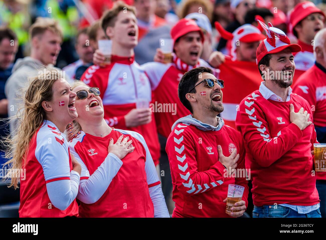 Copenhagen, Denmark. 12th June, 2021. Danish football fans dressed with ...