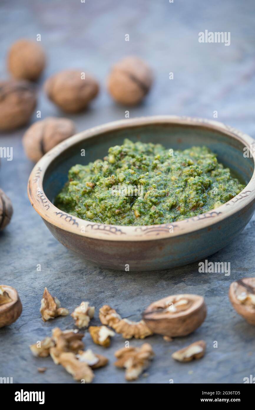 walnut (Juglans regia), home made walnut pesto Stock Photo