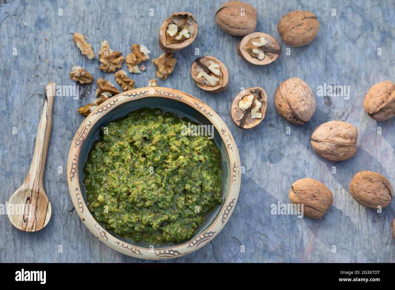 walnut (Juglans regia), home made walnut pesto Stock Photo