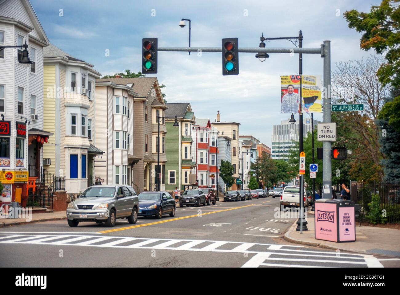 St Alphonsus St and Tremont St in Mission Hill neighborhood in a New