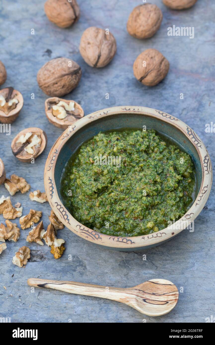 walnut (Juglans regia), home made walnut pesto Stock Photo