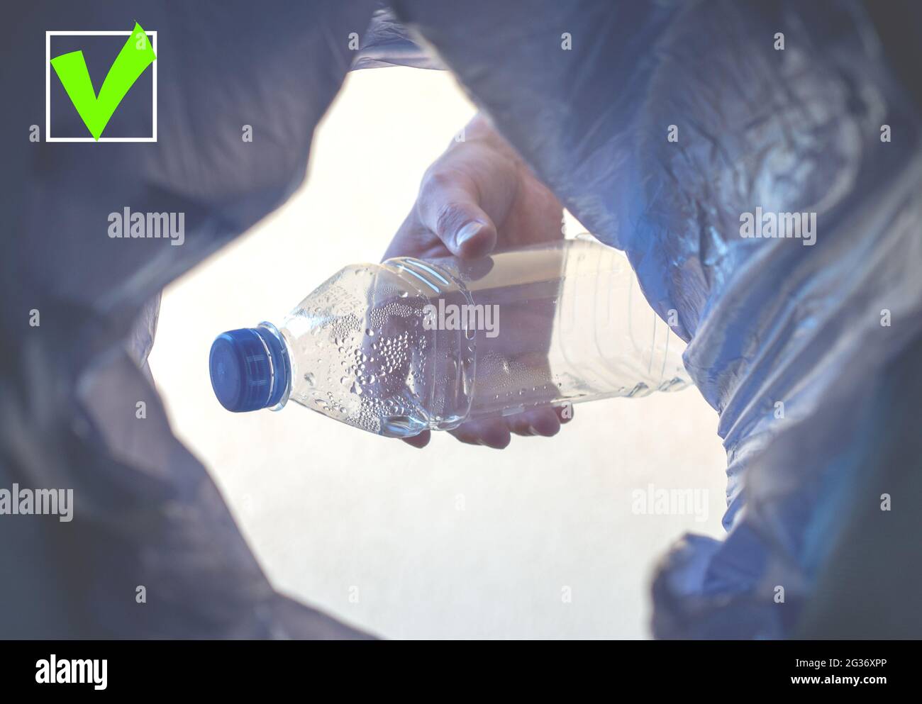 The plastic bottle is thrown into the trash. A green check mark with space for inserting text. Close up Stock Photo