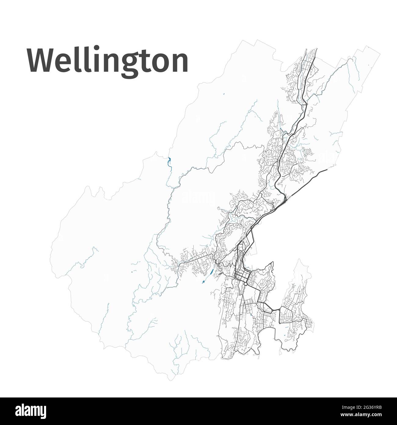 Wellington map. Detailed map of Wellington city administrative area. Cityscape panorama. Royalty free vector illustration. Outline map with highways, Stock Vector