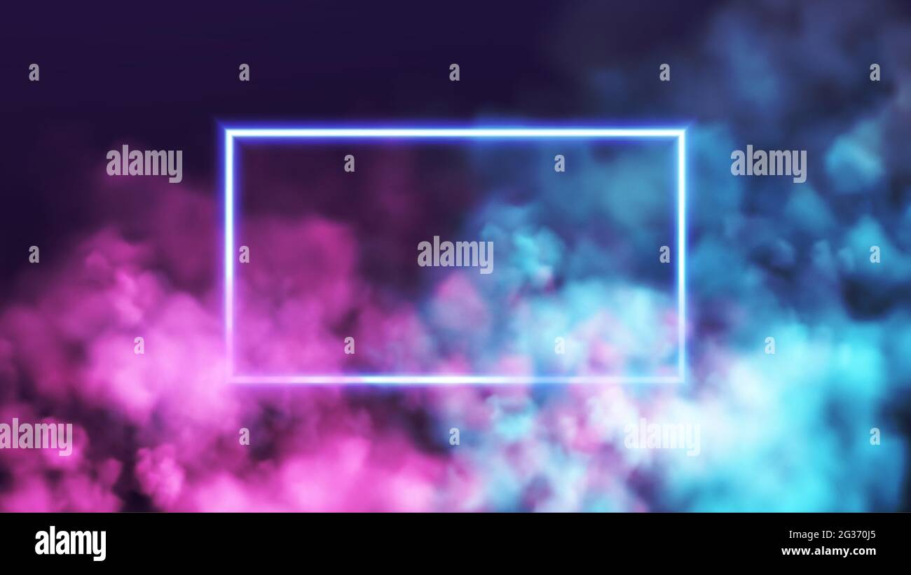 Abstract rectangle neon frame on pink and blue smoke background. Vector glowing light lines. Dark neon background. Vector illustration Stock Vector