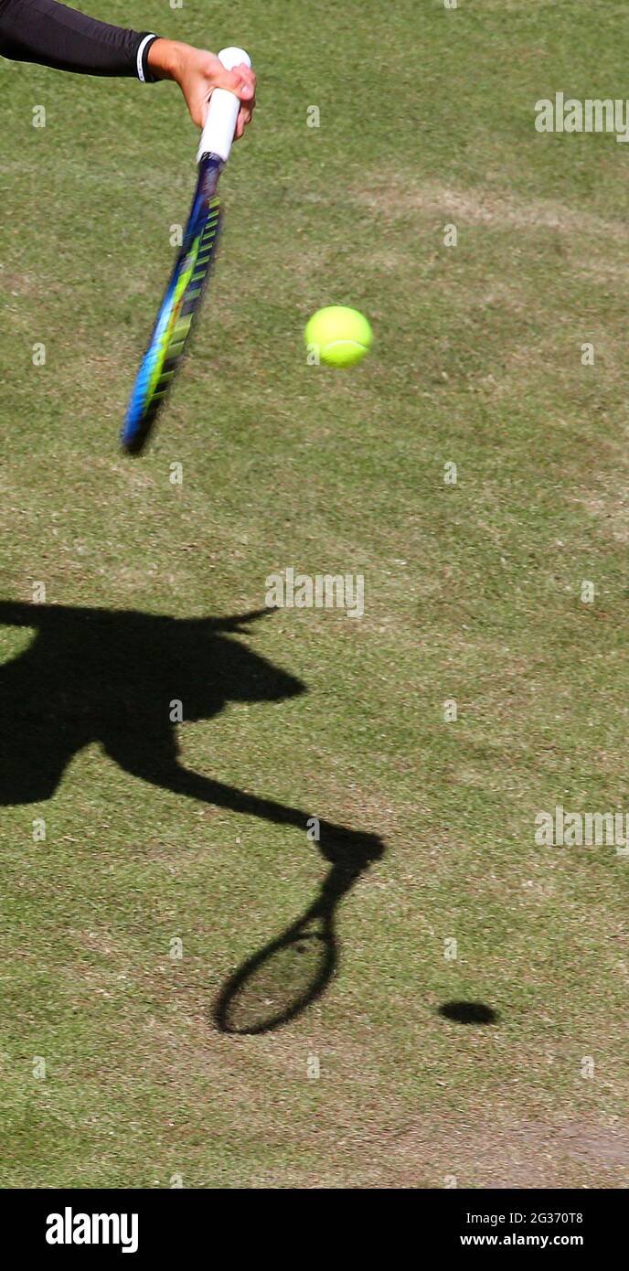 Berlin, Germany. 14th June, 2021. Tennis, WTA Tour, Singles, Women, 1st  Round: Alexandrova (Russia) - Kalinskaya (Russia): Anna Kalinskaya from  Russia returns the ball on the new green grass of the Center