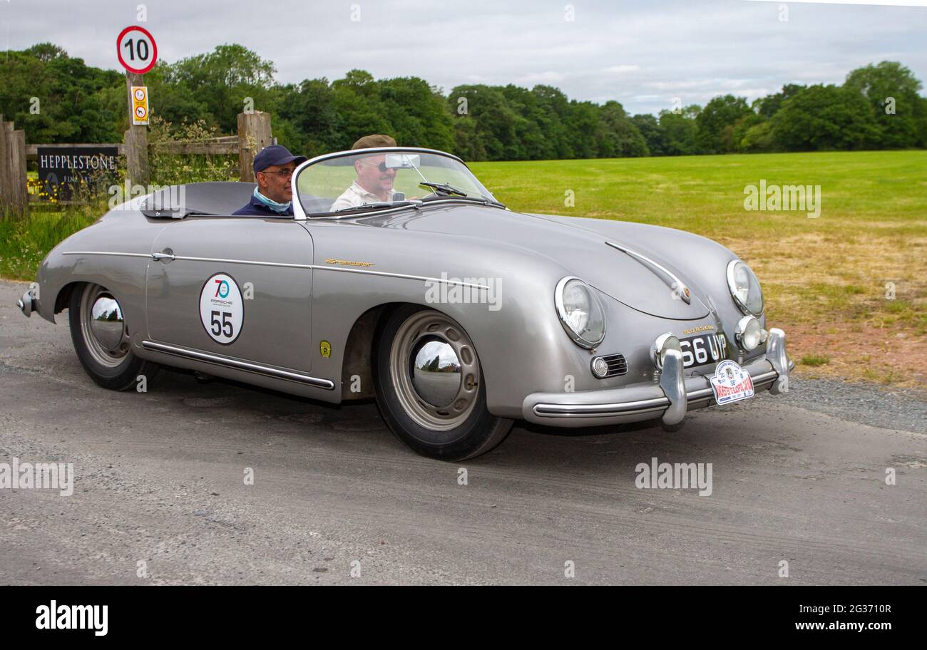 1970s 968 Factory built 356 Super Speedster, silver Porsche Sports convertible; travelling to a classic and vintage car show at Heskin Hall, Lancashire, UK Stock Photo