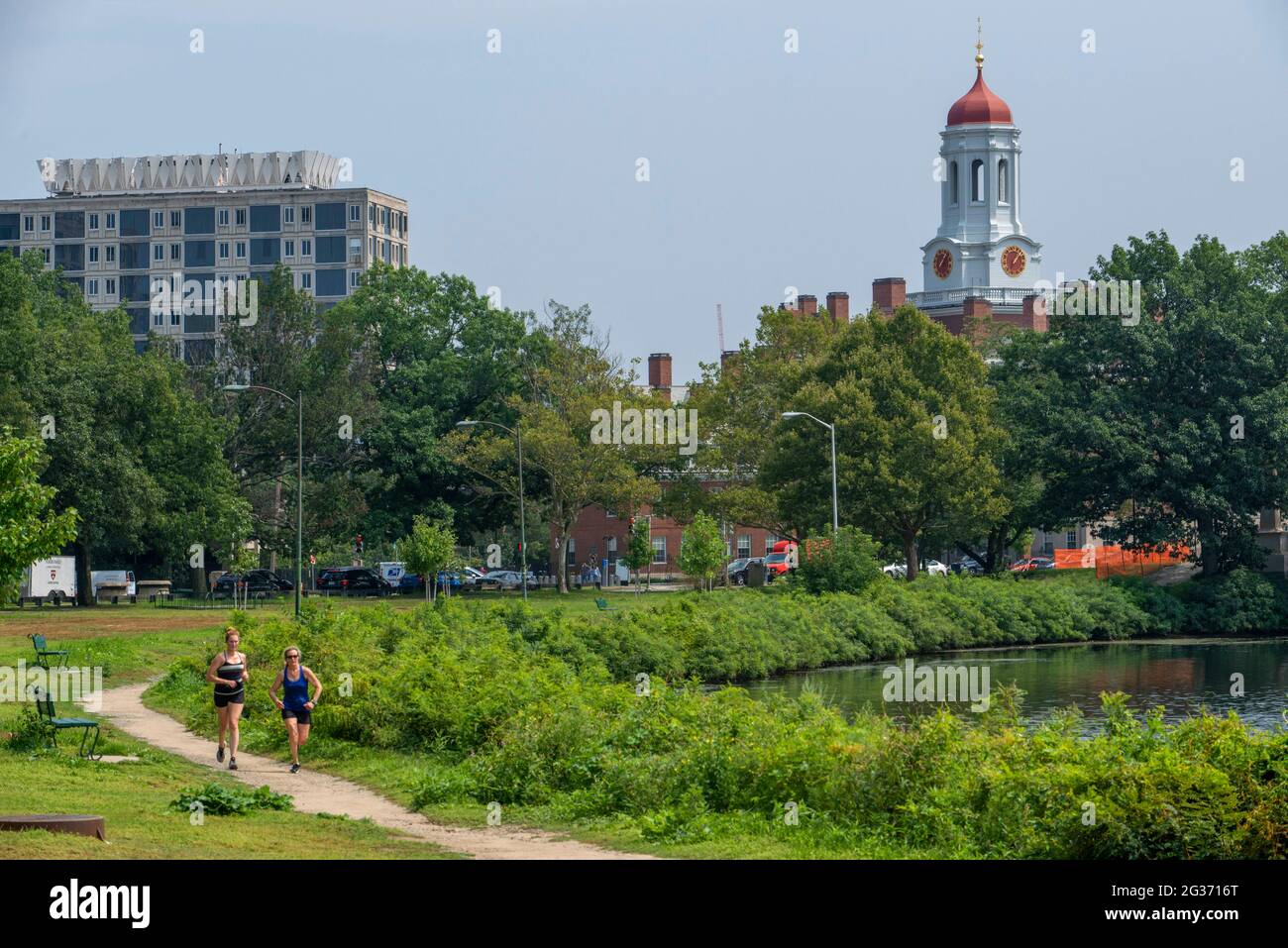 Running in John W. Weeks Bridge and clock tower over Charles River in Harvard University campus in Cambridge, Boston Massachusetts. Stock Photo