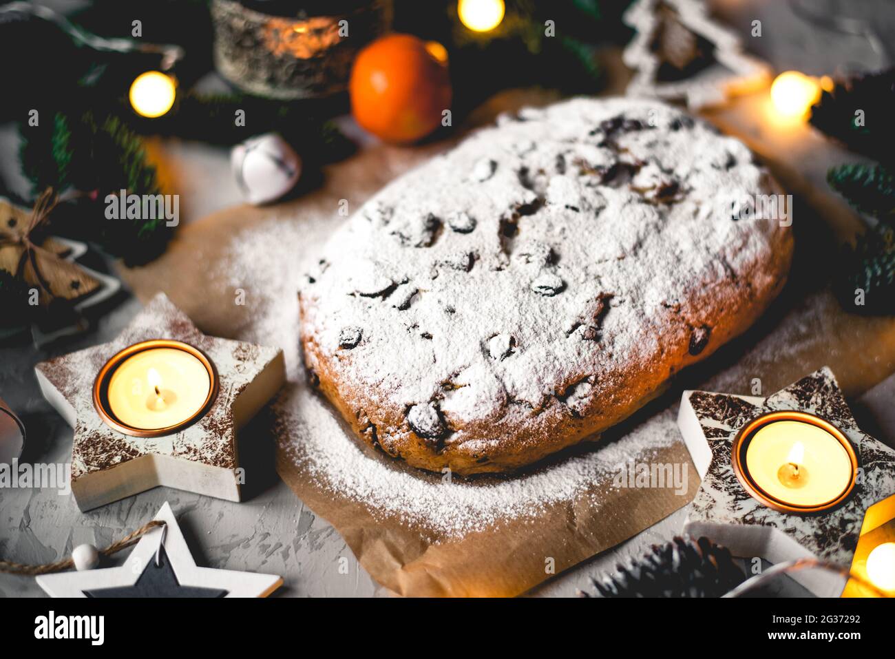 Traditional german stollen cake with Christmas decorations Stock Photo