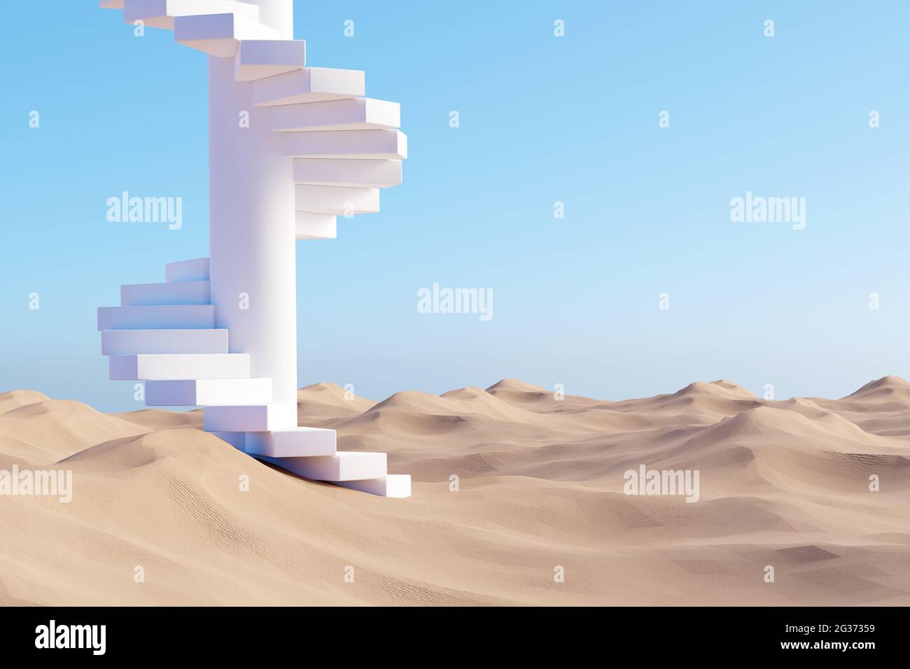 Surreal desert landscape with white spiral staircase on sand Stock Photo