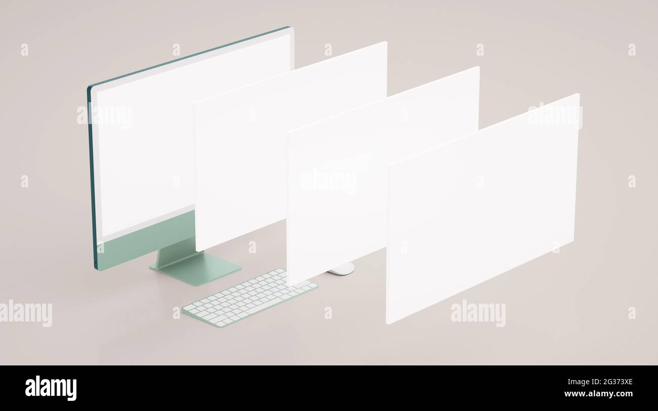 Isometric view of colored desk computer mockup with blank screen some ...