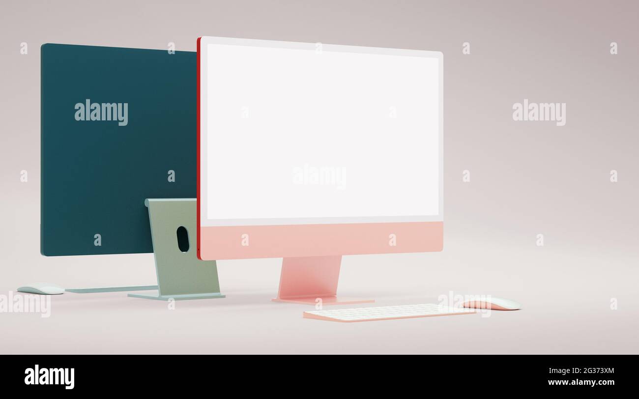 Pink computer monitor blank screen mockup for branding, web and app presentation in 3D rendering Stock Photo